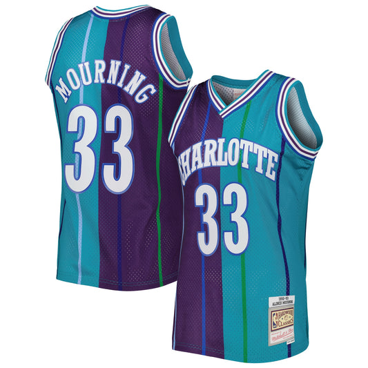 Alonzo Mourning Charlotte Hornets Mitchell & Ness Hardwood Classics 1992/93 Split Swingman Jersey - Teal/Teal